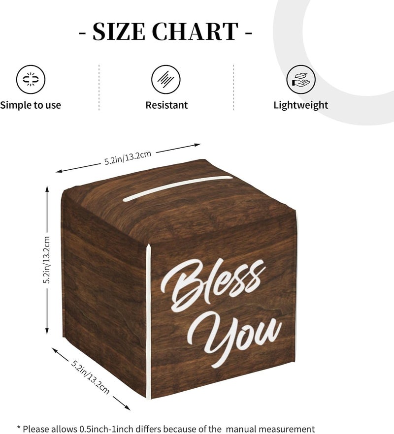 sndheke Bless You Tissue Box Cover Square,Wooden Board Texture Tissue Box Holder Waterproof Leather Facial Paper Organizer Dispenser for Bathroom Home Car Nightstand Vanity Desk - Image 4